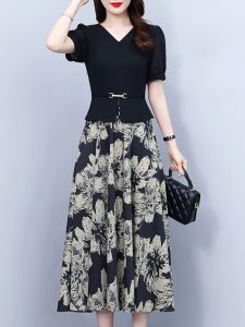 Elegant Summer Dress Womens A-Line Midi Skirt Slimming Belly Covering Fake Two-Piece High-End Feeling Mommy Summer Wear