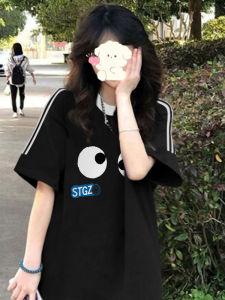 Summer Trendy Short Sleeve T-Shirt Womens plus Size Loose Three Bars Body Shirt Korean Style round Neck Casual Top