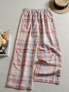 XMO | Design Fashion Linen Casual Pants Thin Grid Elastic Waist Loose Trousers