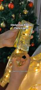 Christmas Ribbon Lights4M Gold Fairy Led String Lights for Xmas TreeDouble Layer Copper Wire Ribbon Bows for Christmas Party Weddings New Year Indoor Outdoor Hanging Decoration