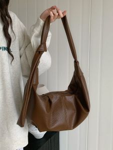 Korean Ins Large Capacity Retro Soft Leather Ruched Dumpling Bag Idle Style Casual All-Match Commute Shoulder Messenger Bag