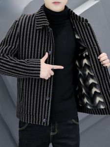 HENGYUANXIANG | Hengyuanxiang Mens Woolen Jacket Autumn Winter Thickened Short Casual Striped Fleece Lined Youthful Fashion Urban Style Coat