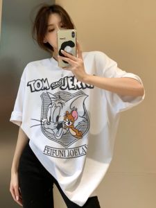 2024 Summer Clothing European Goods Ins Shoulder Tide Brand Womens Clothing T-shirt Jerry Mouse Loose Casual Womens Clothing Cotton Half Sleeve Top