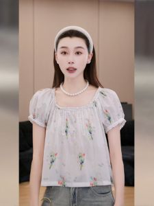 White Chiffon Short Sleeve Shirt Womens Elegant Floral Print Top Summer New Arrival French Style Quality Beauty Commute Style