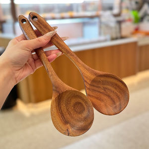 Long Handle round Head Spoon Vintage Good Looking Teak Wood Rice Spoon Noodle Cooking Seasoning Spoon Handmade Dining Utensils
