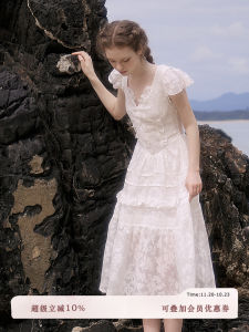 Princess Style White French Dress Original Design Two-Way Wearability Elegant A-Line Skirt Short Sleeve V-Neck High Waist