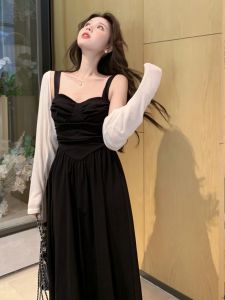 French Hepburn Style plus Size Black Strap Dress Womens Large Size Shoulder Shawl Meat Covering Slimming Set Long Skirt
