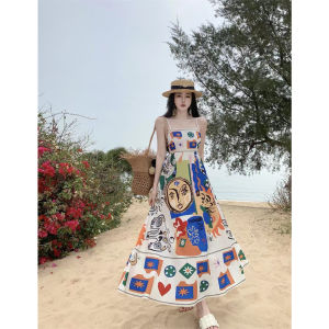 Váy Mùa Hè Mới in Graffiti Thắt Eo Phong Cách Bãi Biển Cho Nữ Váy Midi Không Tay Cổ Chữ a in Họa Tiết Mùa Hè