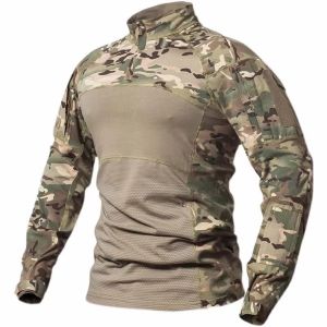 Tactical Shirts Mens Long Sleeve Combat Shirt 1/4 Zipper Ripstop Cotton Camo T Shirts Hunting Clothes Windproof