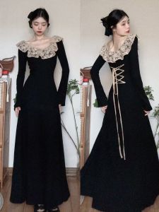 ชุดเดรสยาวสีดำถักแขนยาวสไตล์ฝรั่งเศส ทรงเอ ทรงเข้ารูป ความยาวปานกลาง เดรสยาวสไตล์ฮีเบอร์นีย์ แฟชั่นฤดูใบไม้ร่วง 2025