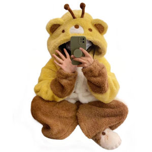 Bees Coral Fleece Lined Thickened Sleepwear Robe for Women Autumn Winter Cartoon Patterned Long Sleeve Dress with Hat Home Clothes