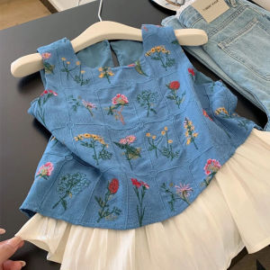 BINKAFENNY | French Design Blue Embroidered Floral Strap Vest Women Summer Outerwear Elegant Chic Beautiful Top Boutiquenot Available