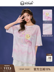 Sweet Pink Gradient Mesh Print Loose Short Sleeve T-Shirt B.Duck Little Yellow Duck Summer Casual Style Polyester Fiber