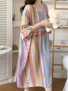 Extra Large Size Summer Thin Cotton Silk Sleep Dress Womens Floral Print Home Clothes Short Sleeve Mid-Length round Neck