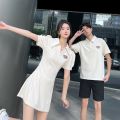 Polo Collar Bubble Sleeve Womens Korean Style High Waist Short Skirt Couple Matching Cotton Knitted Summer Dress.