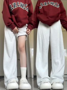 Gray American Style Sport Pants Women High Waist Drawstring Cuffed Sweatpants Casual Loose Drapey Wide Leg Pants