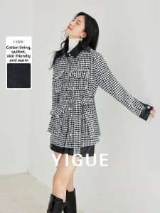 Yigue | Chic Tweed Pattern Slimming Thick Mid-Length Jacket
