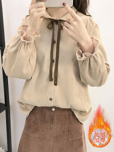 Fall and Winter Single-Layer Fleece-Lined Bandage Dress Bottoming Shirt Corduroy Long Sleeves Preppy Style Fleece-lined Thick Warm Shirt Womens Easiest for Match