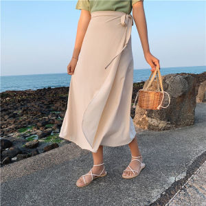 Wrap Style Mid-Length A-Line Skirt Slit Design Slimming Solid Color Spring Summer Womens Fashion Performance Skirt