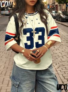 Fashion Casual NO.33 Print O-Neck Women Short Sleeve T-Shirt Summer Vacation Tee Baseball Jerseys Stripe Oversized Sport T-Shirt