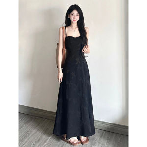 Elegant Black French Style Strapless Long Dress Slimming Summer Luxury Feel Womens Dress A-Line Skirt High Waist No Sleeve