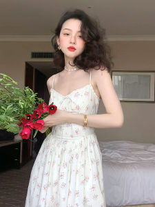French Fairy Floral Print Sling Dress Design High Waist Elegant Long Dress for Women Summer Sleeveless V-Neck