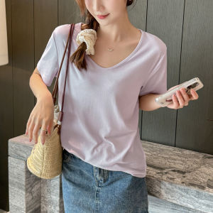Loose V-Neck Short Sleeve T-Shirt Women Summer plus Size Cover Belly Comfortable Breathable Korean Style Regular Fit Tee