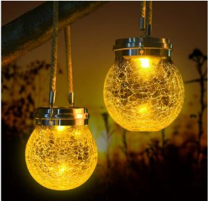 "Local stock" 2 Pack Solar Lantern Outdoor Hanging Amber Warm LED Hanging Solar Garden Lights Decorative Crackle Glass Globe Solar Lanterns Outdoor Waterproof with 2 Modes for Yard Deck Outdoor Patio Decor 2 Pack