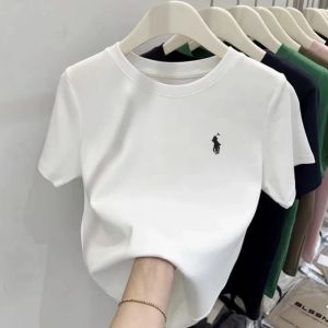 Mùa Hè Mới Thời Trang Nữ Màu Trơn Cổ Tròn Tay Ngắn Thêu Vai Trước Mỏng Áo Đạp Xe Đa Năng Phong Cách Ins