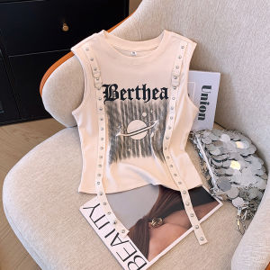 American Sweet Spicy Letter Strap Vest Women Summer Inner Design Sense Metal Sash Sleeveless Short Black Top Women Fashion