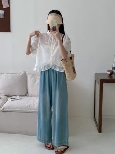 Áo Sơ Mi Lụa Tơ Tằm Cổ Chữ V Tay Bồng Thêu Hoa Mùa Hè Cho Nữ Dáng Rộng Thoải Mái Chất Liệu Khác Tay Ngắn Khóa Đơn Nhiều Nút