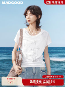 Madgood Summer T-Shirt Womens Street Style Short Sleeve round Neck Regular Fit Snowflake Cotton Velvet Draping Gauzy Printed