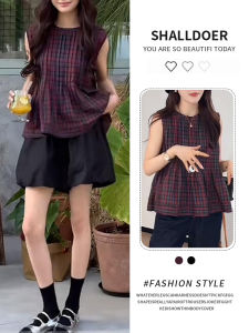Shalldoer | French Vintage Plaid Color Block Sleeveless Loose Womens Shirt Summer New Sweet Youthful Belly Covering Top Casual Style
