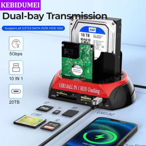 10 IN 1 Dual-bay Hard Drive Station USB3.0 5Gbps HDD Docking Station with 12V 3A Power Adapter for 2.5/3.5 Inch HDD/SSD TF Card