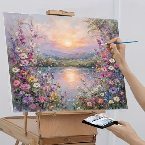 Oil Painting By Numbers Lakeside Blooms and Sunset DIY Number Drawing Canvas Pictures By Numbers Home Decor Large Size