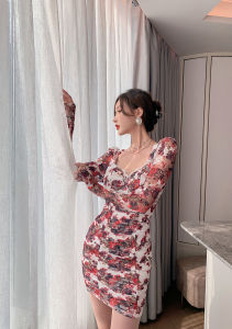 ZY·HT Fashion Lace Printed Long Sleeve Heart Neck Wrap Hip Pleats Slim Mini Dinner Dress 9279 eravogue