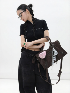 Brown Suede Paris Rivet Retro Commute Motorcycle Bag