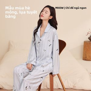 Áo ngủ nữ MiiOW bằng lụa băng dài tay cổ bẻ in họa tiết hoạt hình - mùa xuân hè