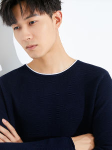 เสื้อสเวตเตอร์คอกลมสำหรับผู้ชาย เสื้อผ้าทำงานฤดูใบไม้ร่วงแฟชั่น คอกลม แขนยาว ทรงตรง ผ้าฝ้าย ปกติ ลำลอง สีพื้น