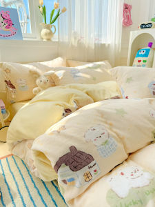 Cute Cartoon Thickened Double-sided Fleece Bedding Set Milk Velvet Three-piece Set Winter Warm Storage Cup Holder Bedding