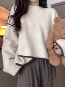 Casual Loose round Neck Sweater Womens Soft Cozy Autumn Winter Knitted Shirt Color Block Long Sleeve Thermal Regular Fit