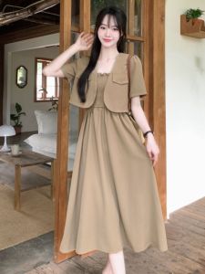 Short Sleeve Versatile Small Coat + Slim Looking Halter Skirt Two-piece Set Summer Plus Size Fashionable Stylish Suit Dress