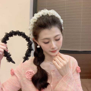 French Style Lace Hairband Womens Pleated Face Washing High Top Knot Netting Beads Headwear Comb High Fashion Accessory