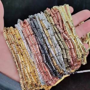 13x4mm Long Cylinder Lava Natural Stone Rose Gold Color Plated Bronze Round Spacer Loose Beads For Jewelry Making Diy Bracelets