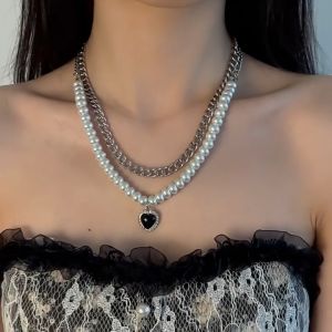 Black Love Double Layered Necklace Nữ Hip Hop Cool Wind Retro Pearl Clavicle Chain FAVOURIE