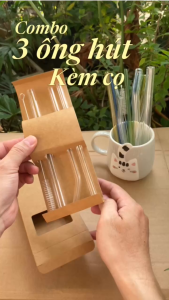 Bộ 3 Ống Hút Thủy Tinh và 1 Cọ Vệ Sinh Đường Kính 8mm 12mm Dài 200mm Tái Sử Dụng - Tạp Hoá Vy An