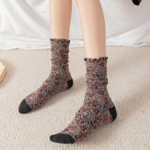 ถุงเท้าผ้าฝ้ายลายดอกไม้เล็กๆสไตล์ชนเผ่าแนววินเทจสไตล์โมริสไตล์เกาหลีแพ็ค3คู่ถุงเท้ายาวระดับข้อเท้าเอวสูงปักเลื่อมลายน่ารักสำหรับฤดูใบไม้ผลิและฤดูใบไม้ร่วง