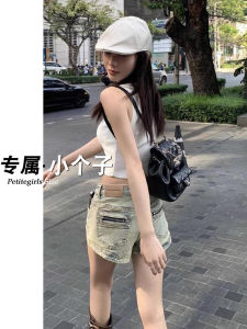 กางเกงขาสั้นยีนส์ทรงเอเอวสูงสำหรับผู้หญิง ทรงตรง ทรงกระบอก สไตล์วินเทจ ผ้าฝ้ายยืด ฤดูใบไม้ร่วง กางเกงขาสั้นผู้หญิง กระชับสัดส่วน