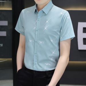 ROMON | Slim Fit Short Sleeve Ice Silk Shirt Mens Summer Thin Business Casual Shirt Stripe Pattern Youth Fashion Polyester Blend