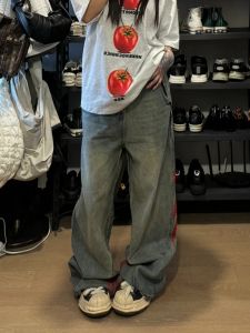 กางเกงยีนส์ทรงตรงผู้หญิง ทรงสลิมฟิต ลายทาง 3 แถบ สีบล็อก กางเกงยีนส์ทรงตรงสไตล์อเมริกัน ทรงสลิมฟิต ทรงสลิมฟิต